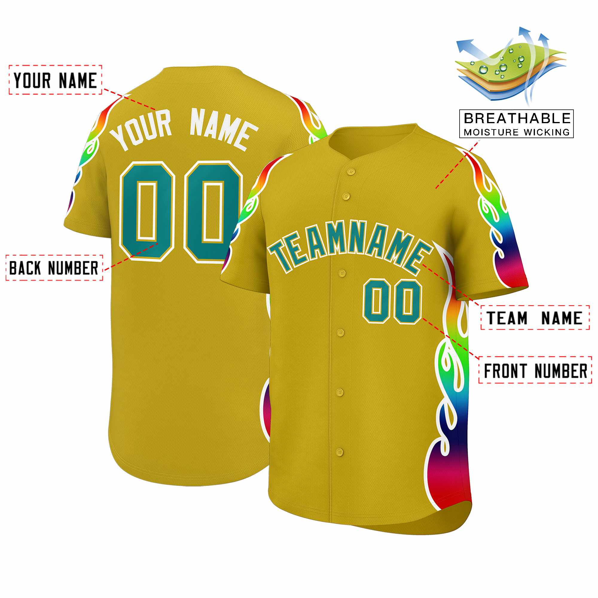 Custom Old Gold Graffiti Pattern Personalized Multicolored Flames Print Authentic Baseball Jersey| KXKSHOP