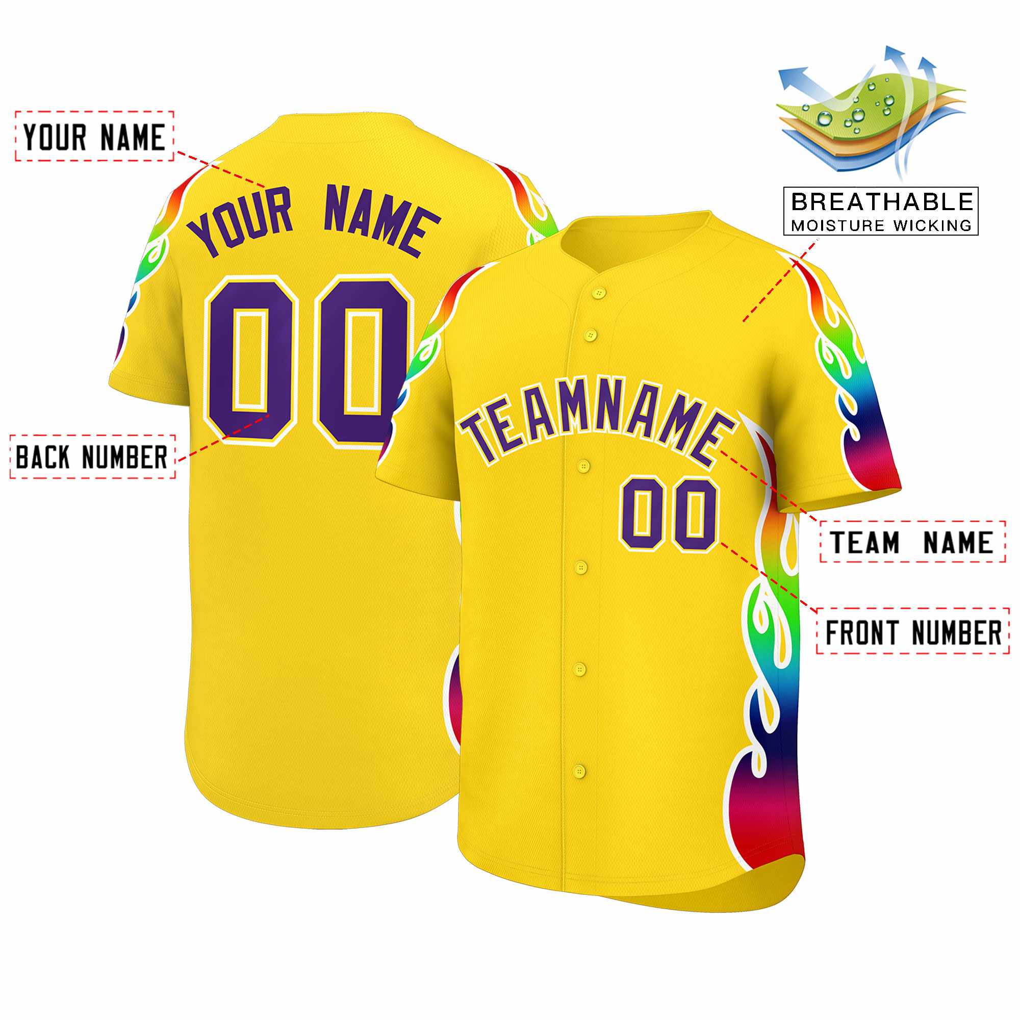 Custom Gold Graffiti Pattern Personalized Multicolored Flames Print Authentic Baseball Jersey| KXKSHOP