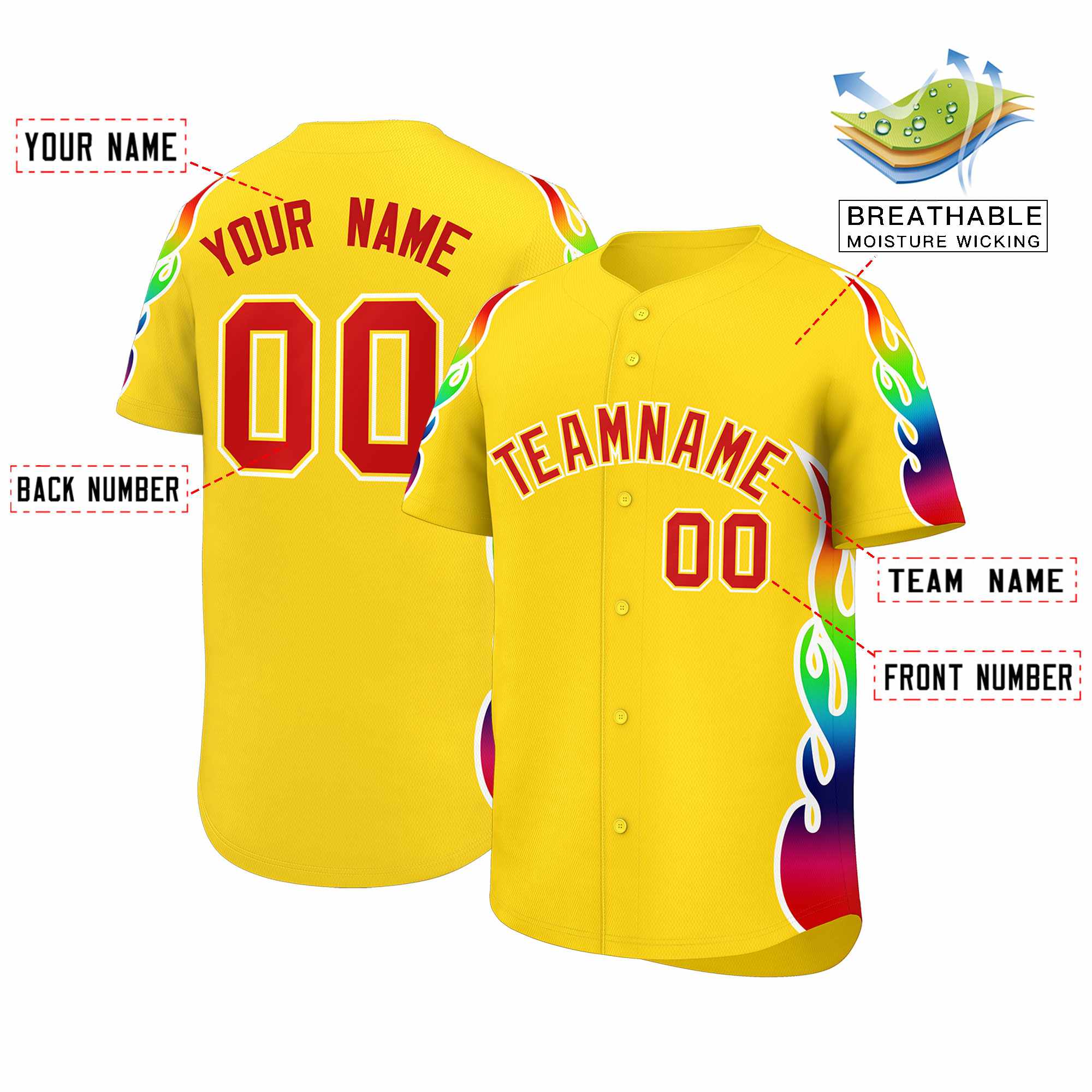 Custom Gold Graffiti Pattern Personalized Multicolored Flames Print Authentic Baseball Jersey| KXKSHOP