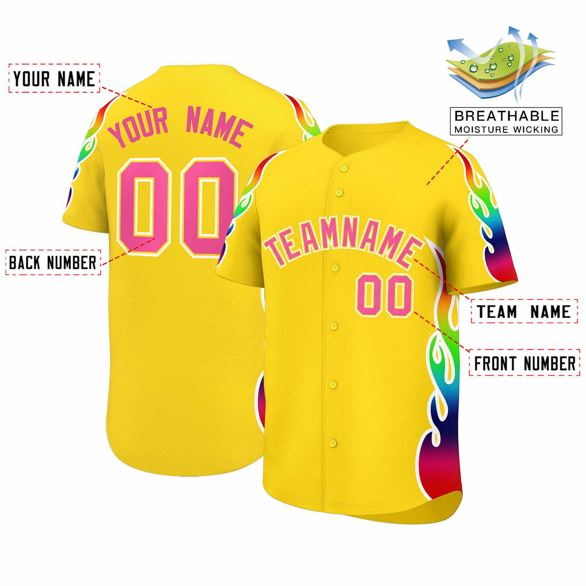 Custom Gold Graffiti Pattern Personalized Multicolored Flames Print Authentic Baseball Jersey| KXKSHOP
