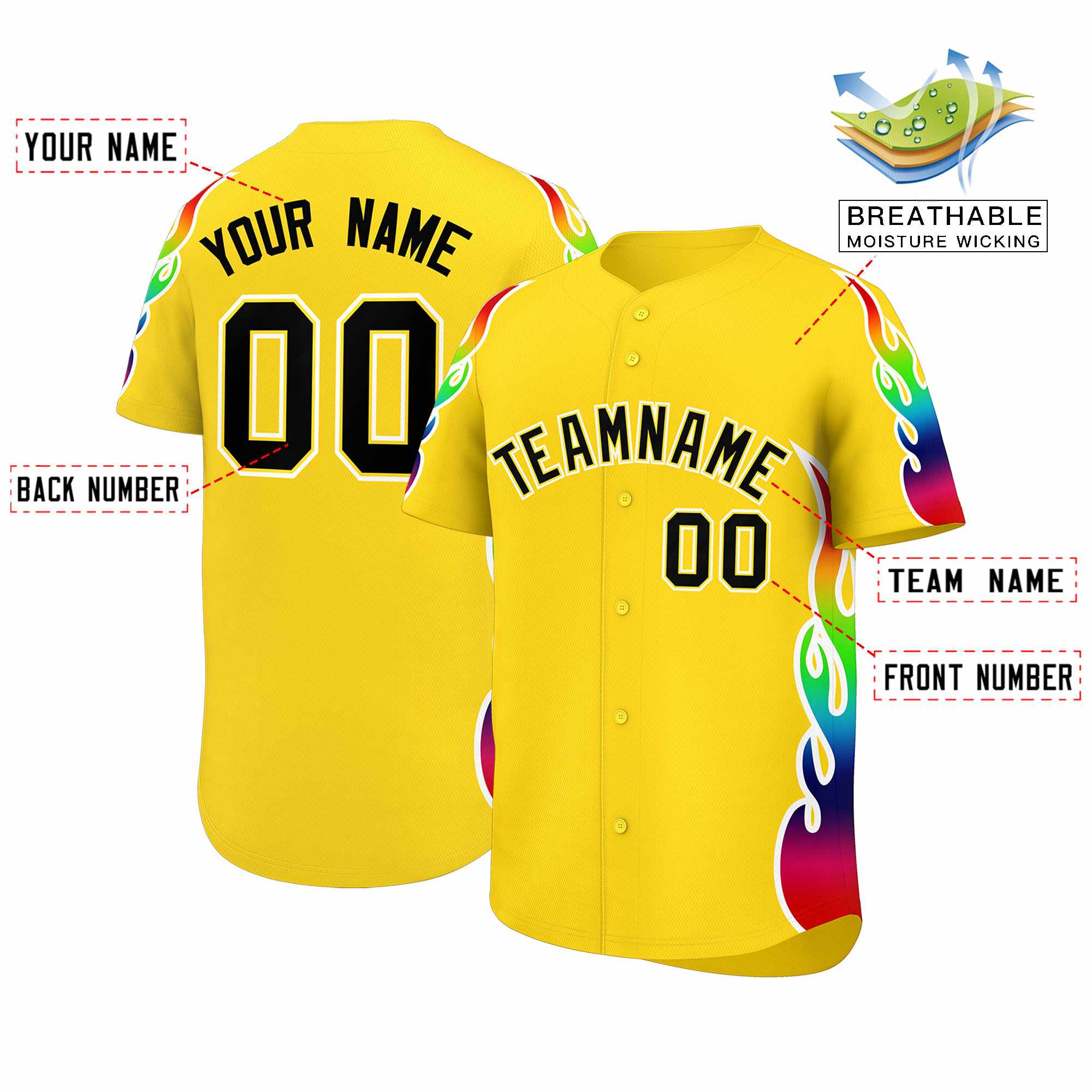 Custom Gold Graffiti Pattern Personalized Multicolored Flames Print Authentic Baseball Jersey| KXKSHOP