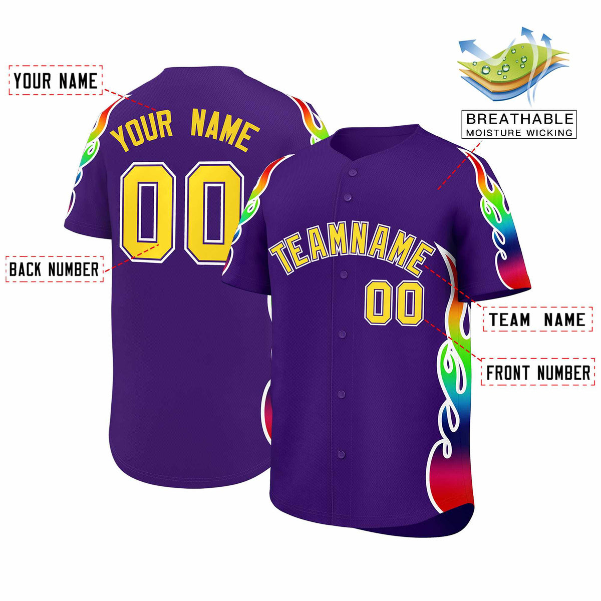Custom Purple Graffiti Pattern Personalized Multicolored Flames Print Authentic Baseball Jersey| KXKSHOP