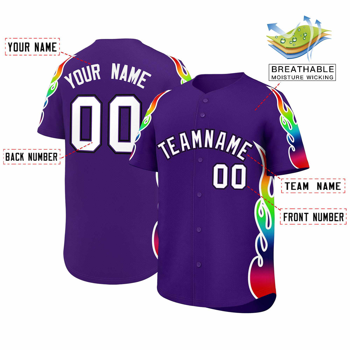 Custom Purple Graffiti Pattern Personalized Multicolored Flames Print Authentic Baseball Jersey| KXKSHOP