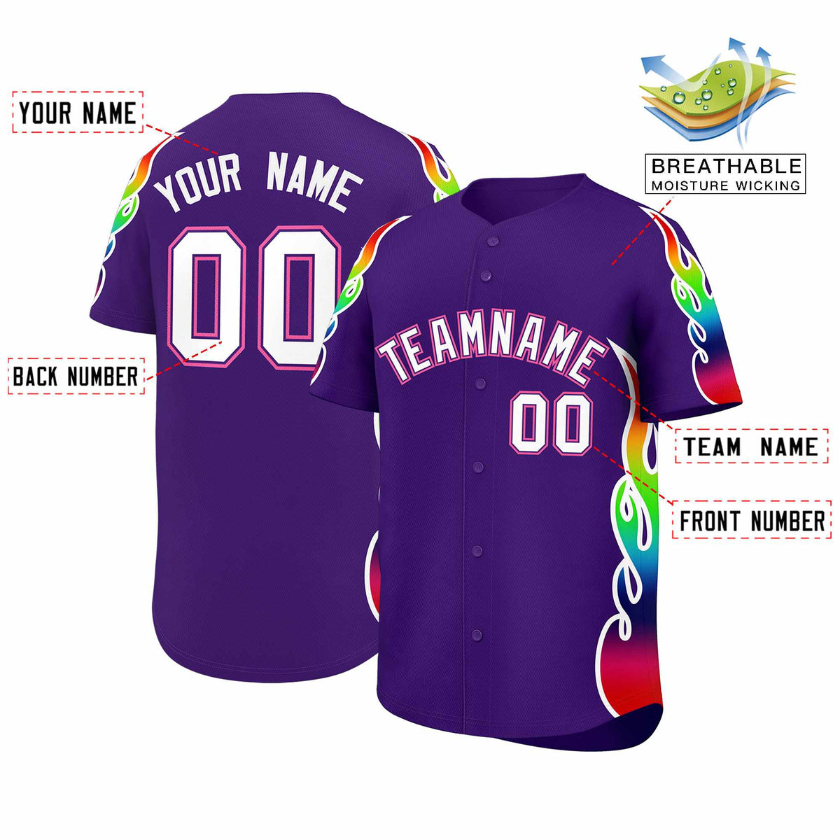 Custom Purple Graffiti Pattern Personalized Multicolored Flames Print Authentic Baseball Jersey| KXKSHOP