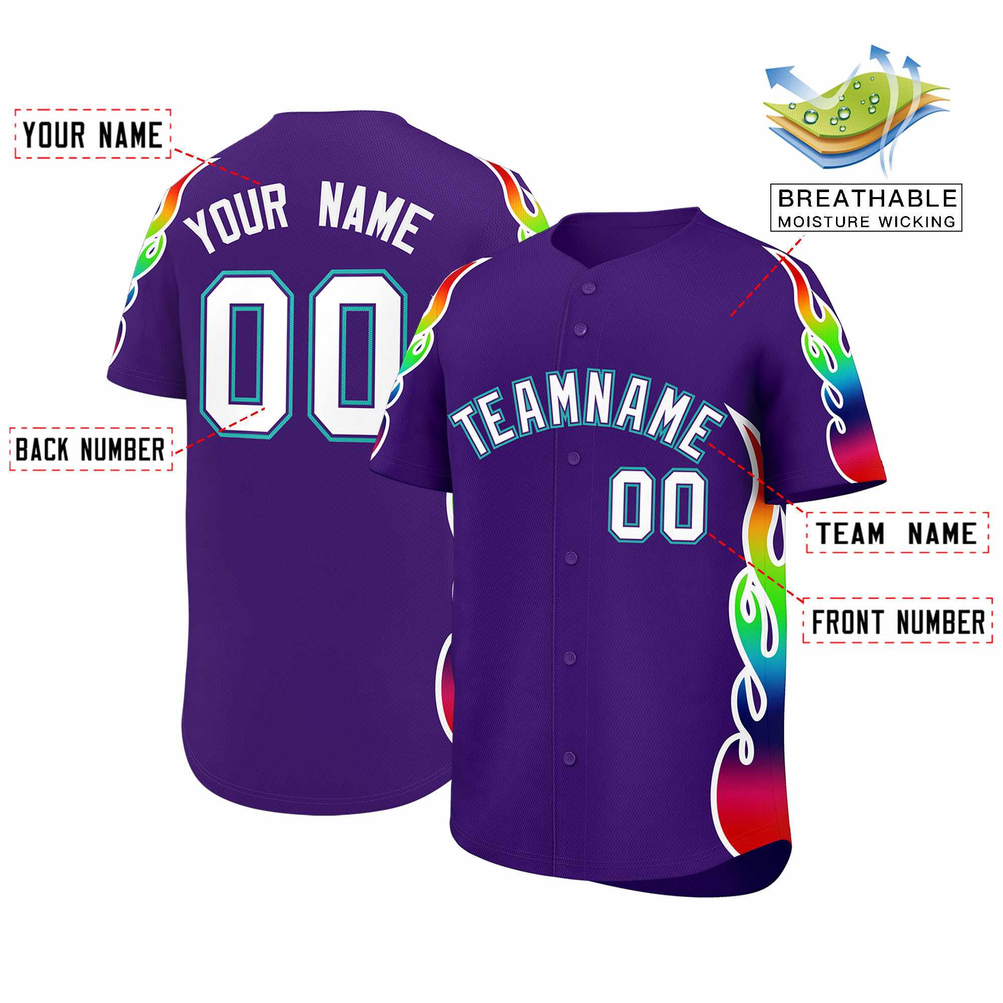 Custom Purple Graffiti Pattern Personalized Multicolored Flames Print Authentic Baseball Jersey| KXKSHOP