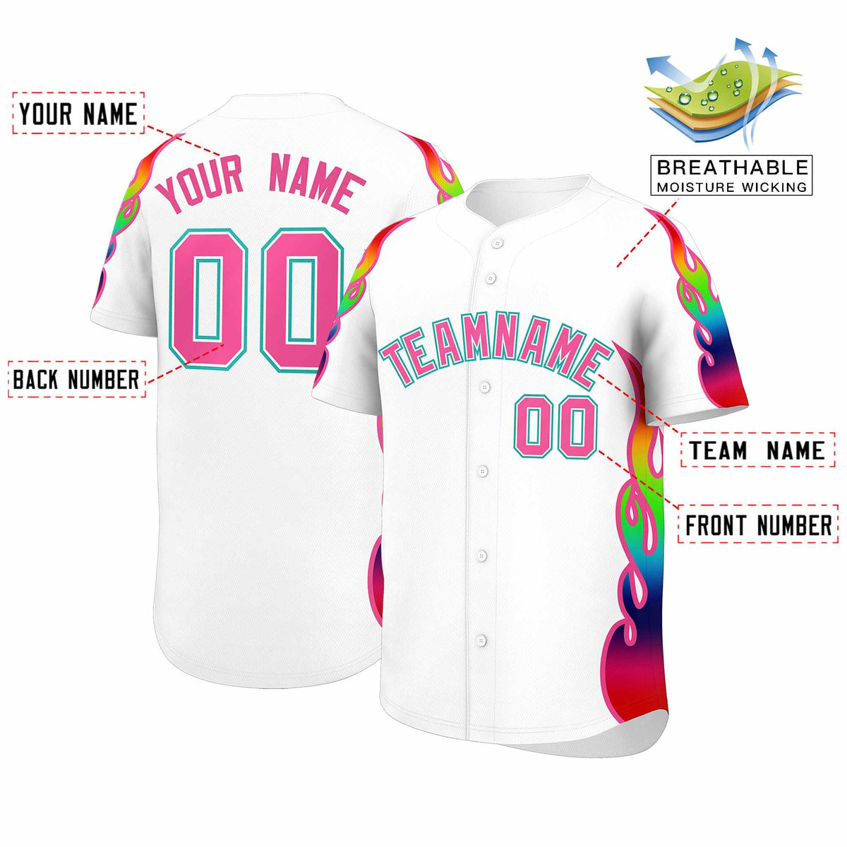 Custom White Graffiti Pattern Personalized Multicolored Flames Print Authentic Baseball Jersey| KXKSHOP