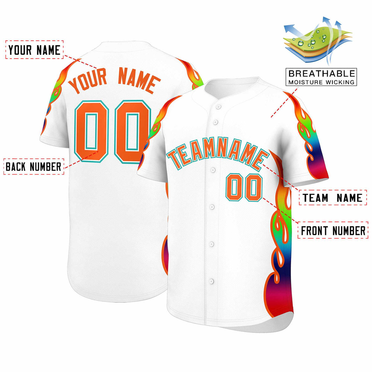 Custom White Graffiti Pattern Personalized Multicolored Flames Print Authentic Baseball Jersey| KXKSHOP