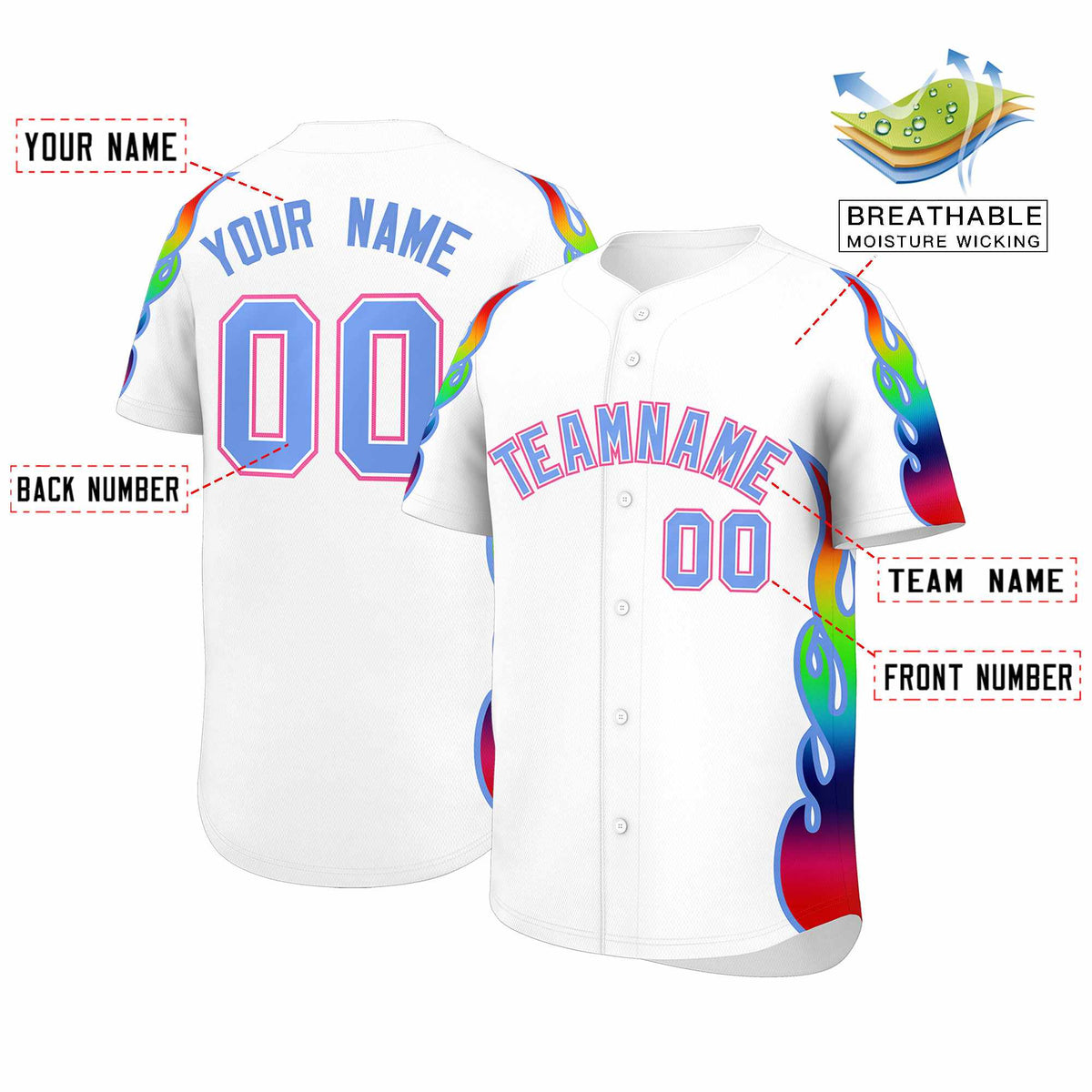 Custom White Graffiti Pattern Personalized Multicolored Flames Print Authentic Baseball Jersey| KXKSHOP