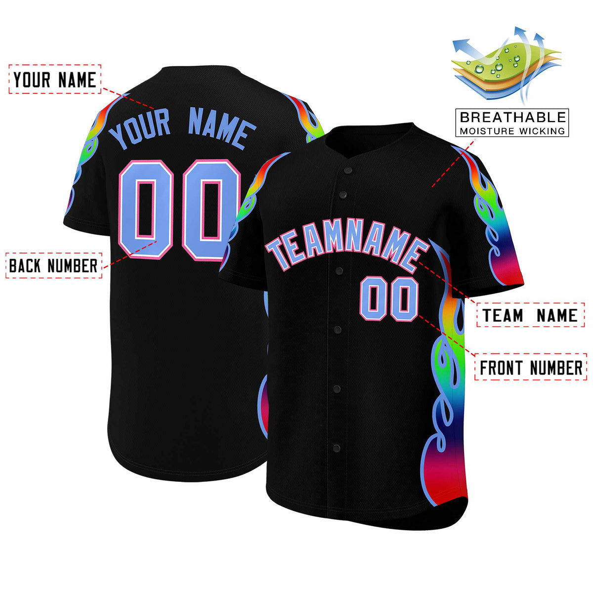 Custom Black Graffiti Pattern Personalized Multicolored Flames Print Authentic Baseball Jersey| KXKSHOP