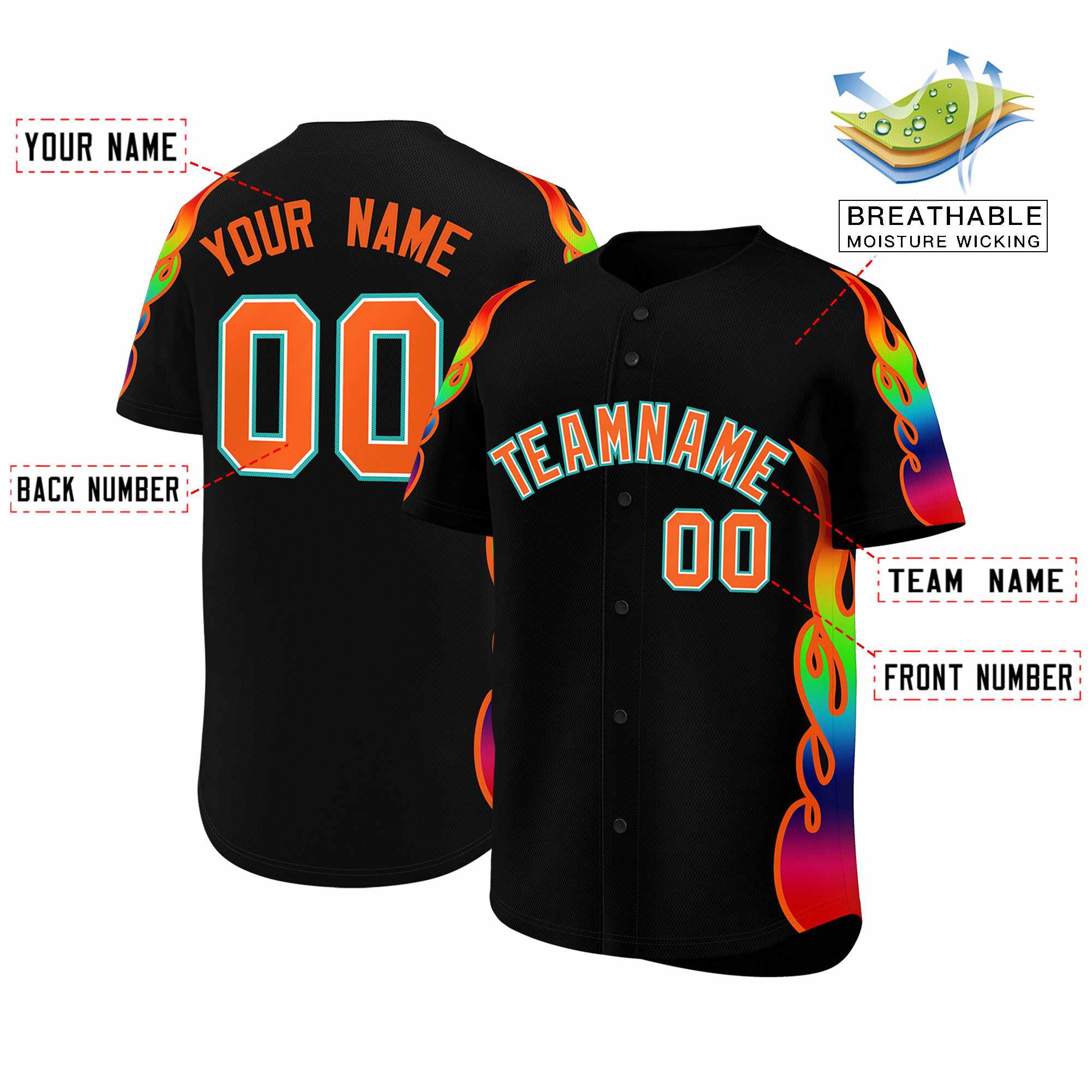 Custom Black Graffiti Pattern Personalized Multicolored Flames Print Authentic Baseball Jersey| KXKSHOP
