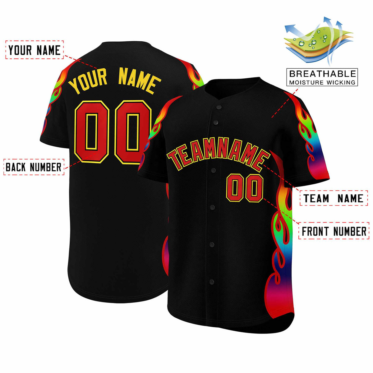 Custom Black Graffiti Pattern Personalized Multicolored Flames Print Authentic Baseball Jersey| KXKSHOP
