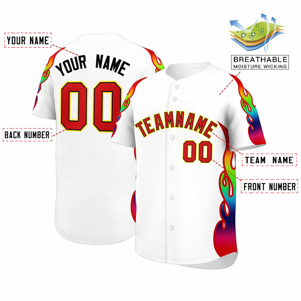 Custom White Graffiti Pattern Personalized Multicolored Flames Print Authentic Baseball Jersey| KXKSHOP