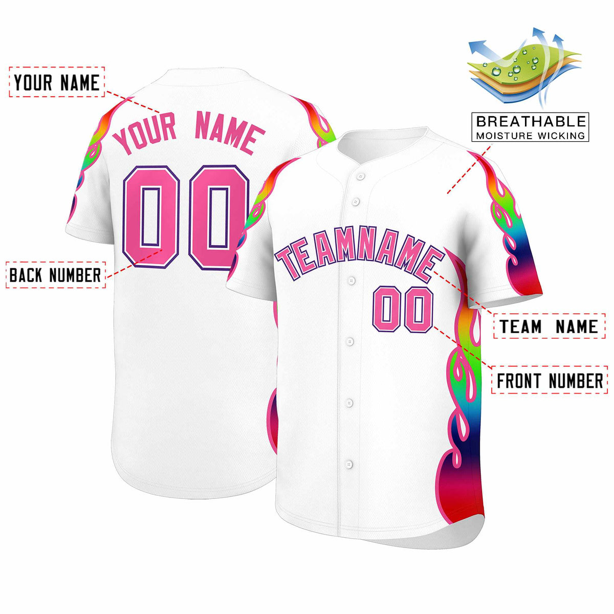 Custom White Graffiti Pattern Personalized Multicolored Flames Print Authentic Baseball Jersey| KXKSHOP