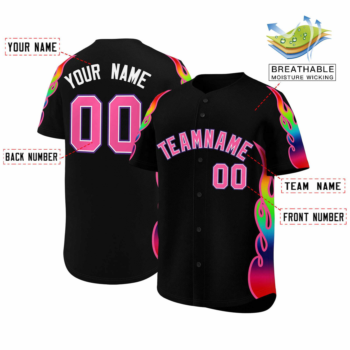Custom Black Graffiti Pattern Personalized Multicolored Flames Print Authentic Baseball Jersey| KXKSHOP
