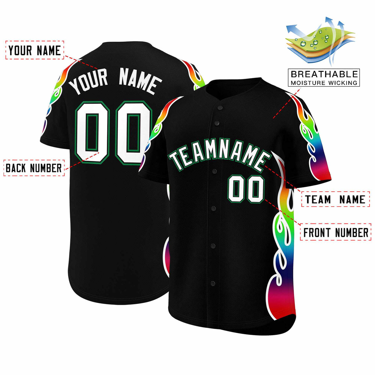 Custom Black Graffiti Pattern Personalized Multicolored Flames Print Authentic Baseball Jersey| KXKSHOP