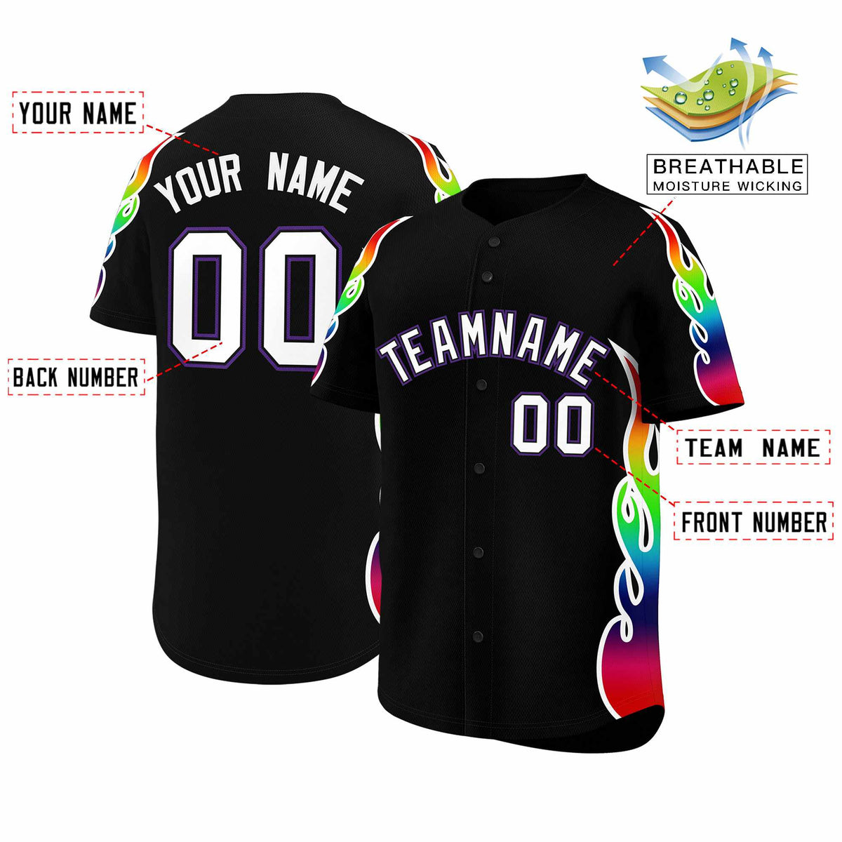 Custom Black Graffiti Pattern Personalized Multicolored Flames Print Authentic Baseball Jersey| KXKSHOP