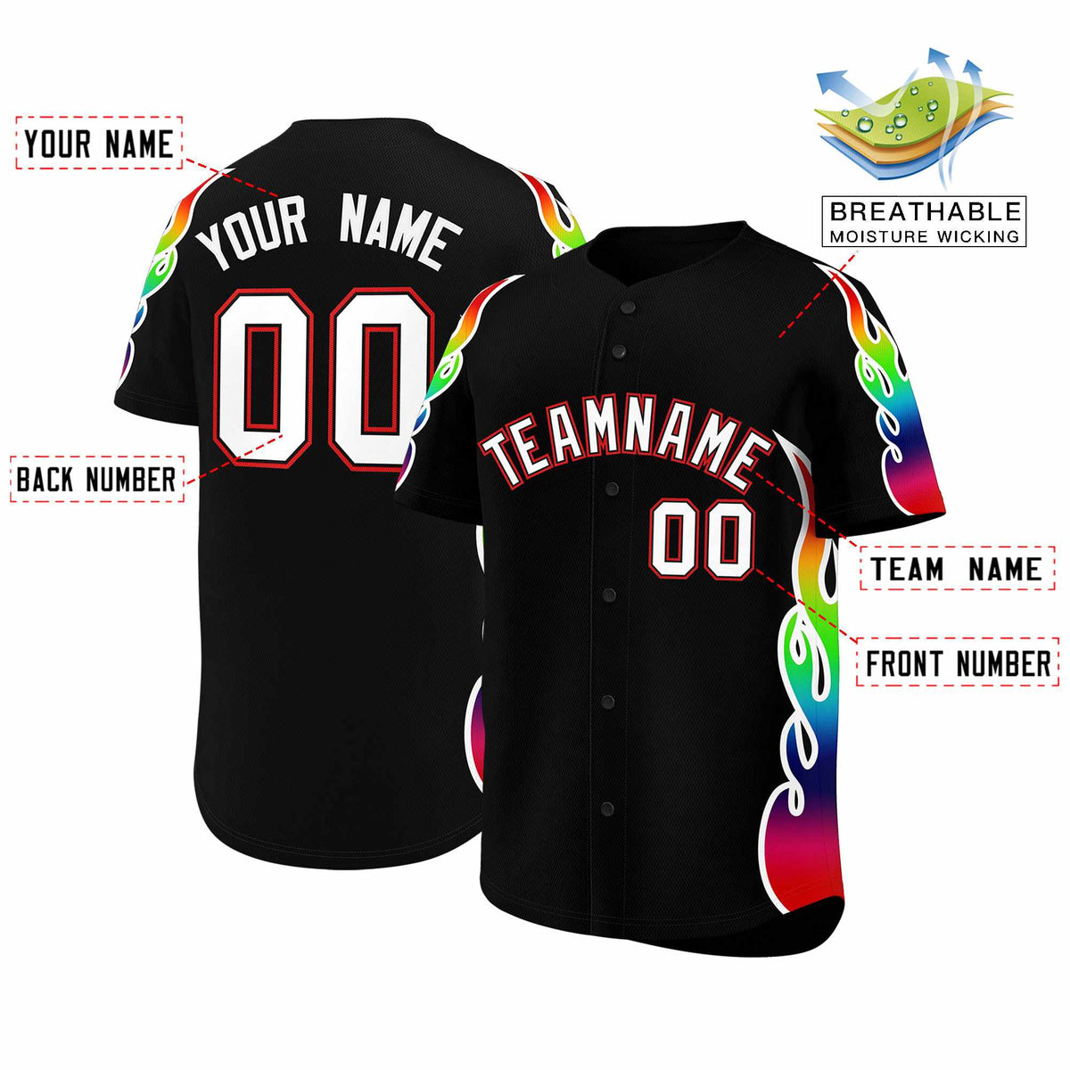 Custom Black Graffiti Pattern Personalized Multicolored Flames Print Authentic Baseball Jersey| KXKSHOP