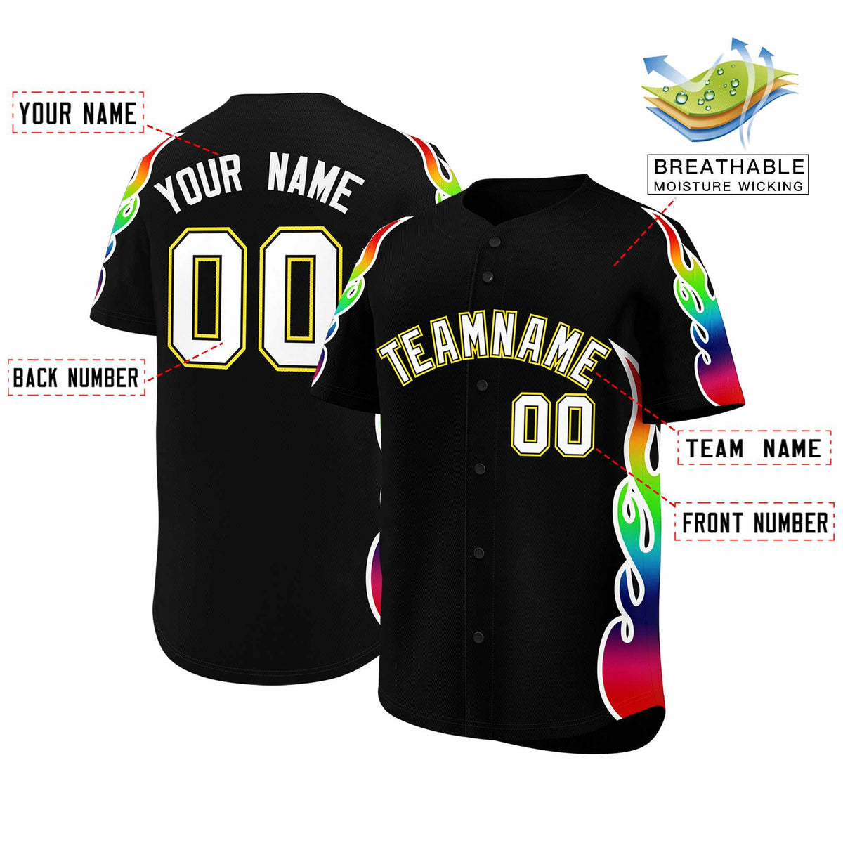 Custom Black Graffiti Pattern Personalized Multicolored Flames Print Authentic Baseball Jersey| KXKSHOP