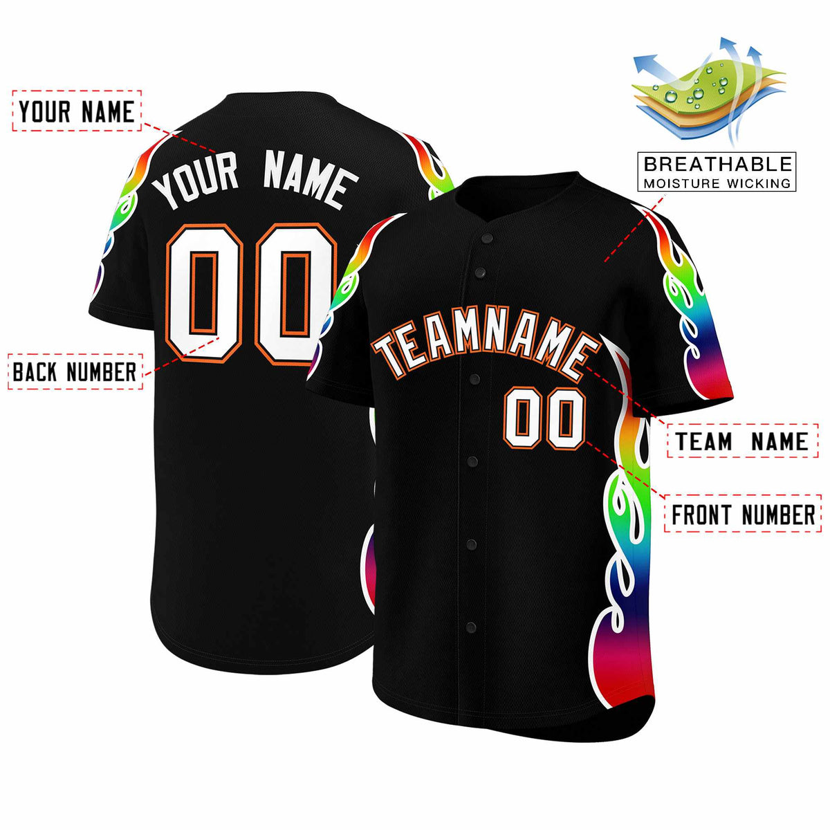 Custom Black Graffiti Pattern Personalized Multicolored Flames Print Authentic Baseball Jersey| KXKSHOP