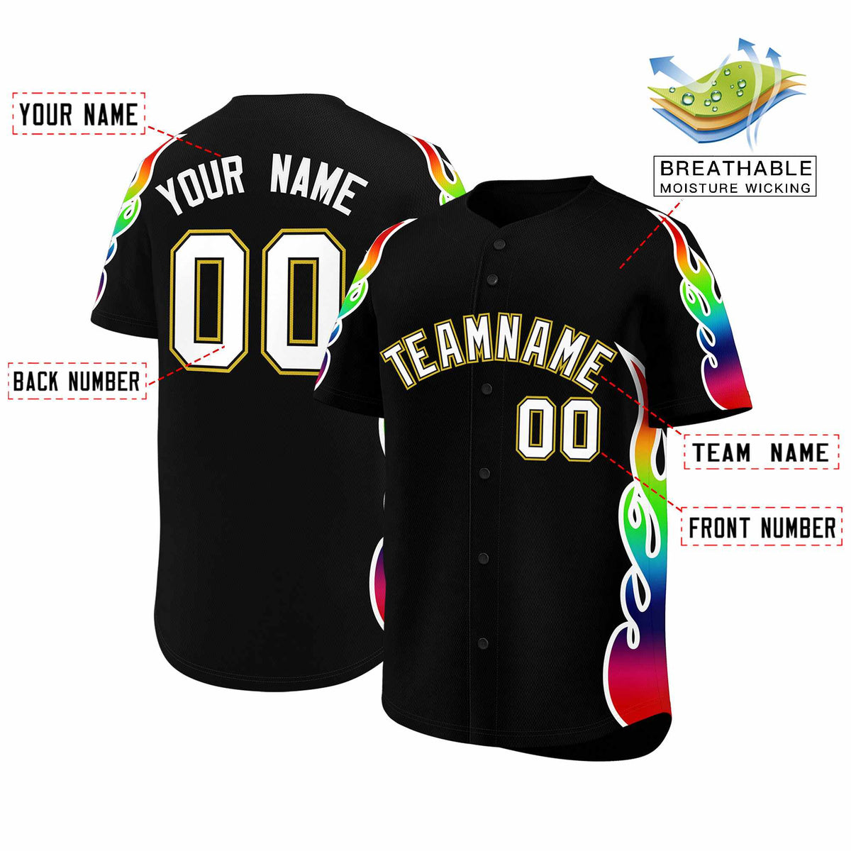 Custom Black Graffiti Pattern Personalized Multicolored Flames Print Authentic Baseball Jersey| KXKSHOP