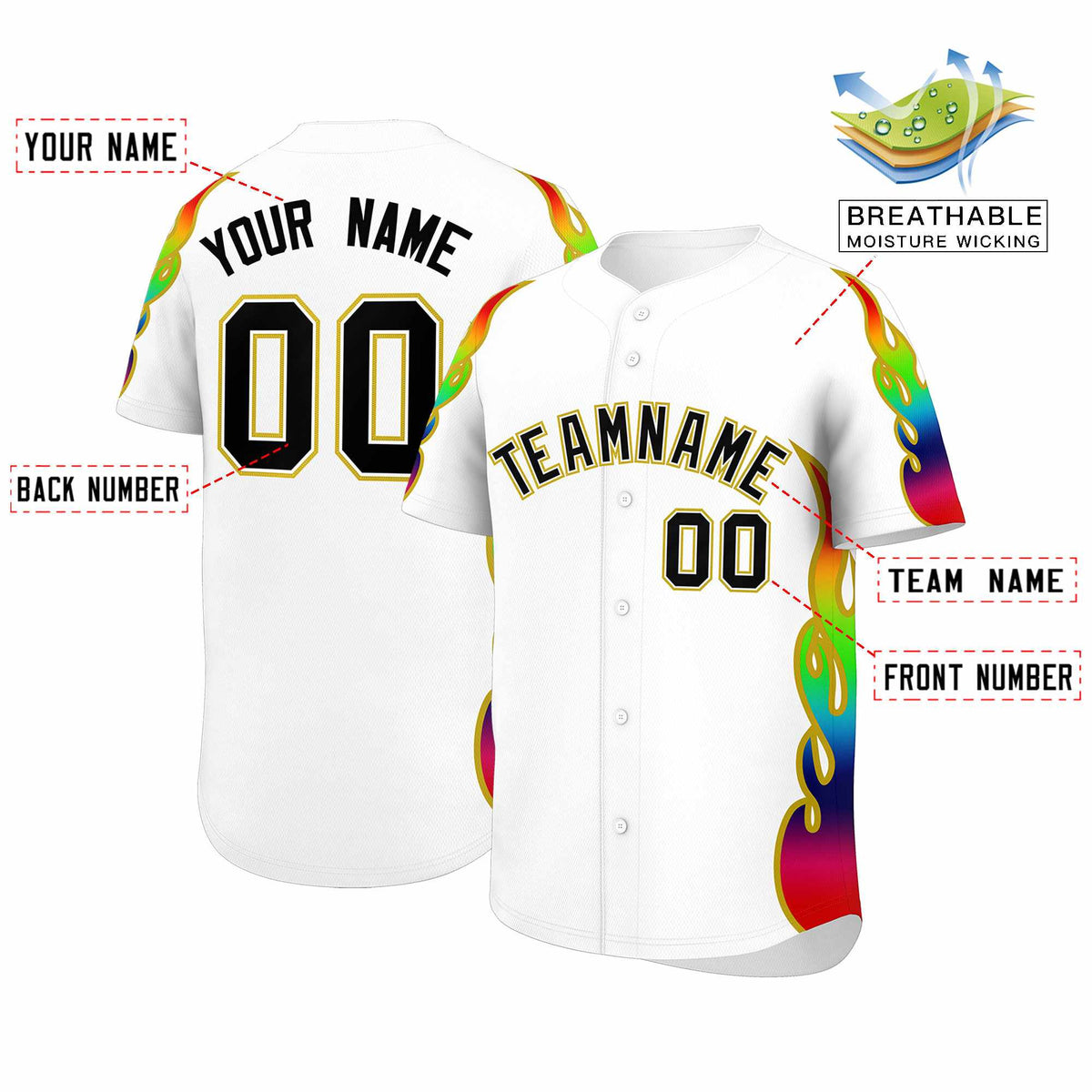 Custom White Graffiti Pattern Personalized Multicolored Flames Print Authentic Baseball Jersey| KXKSHOP