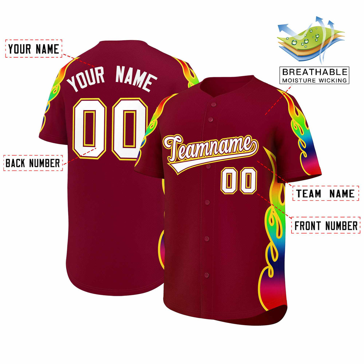 Custom Crimson Graffiti Pattern Personalized Multicolored Flames Print Authentic Baseball Jersey| KXKSHOP