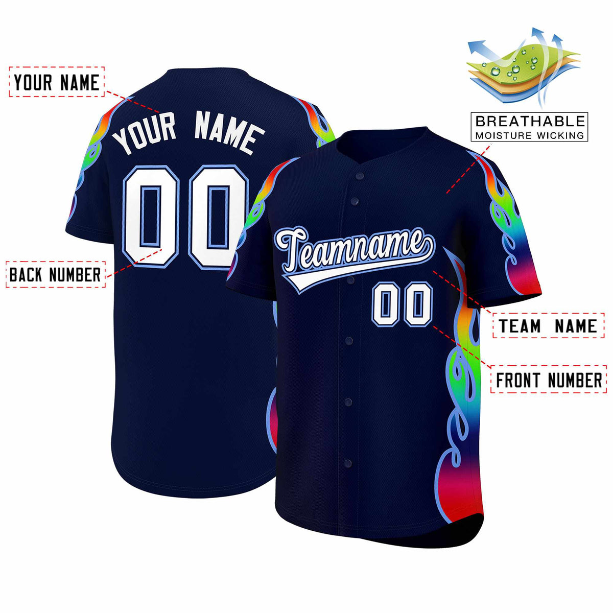 Custom Navy Graffiti Pattern Personalized Multicolored Flames Print Authentic Baseball Jersey| KXKSHOP