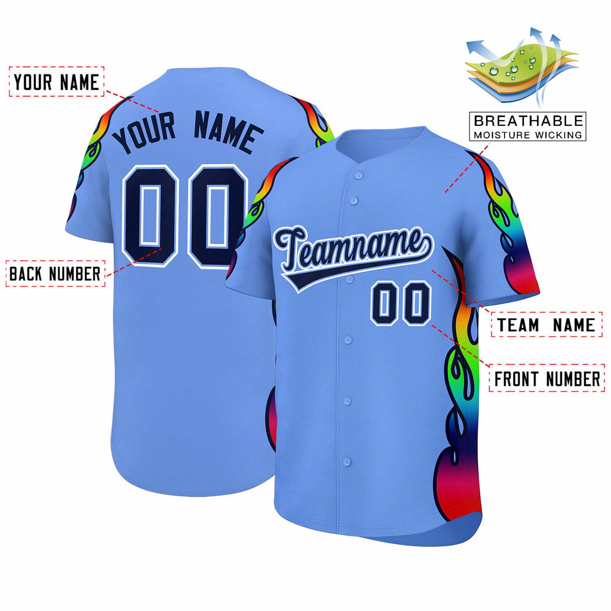 Custom Light Blue Graffiti Pattern Personalized Multicolored Flames Print Authentic Baseball Jersey| KXKSHOP