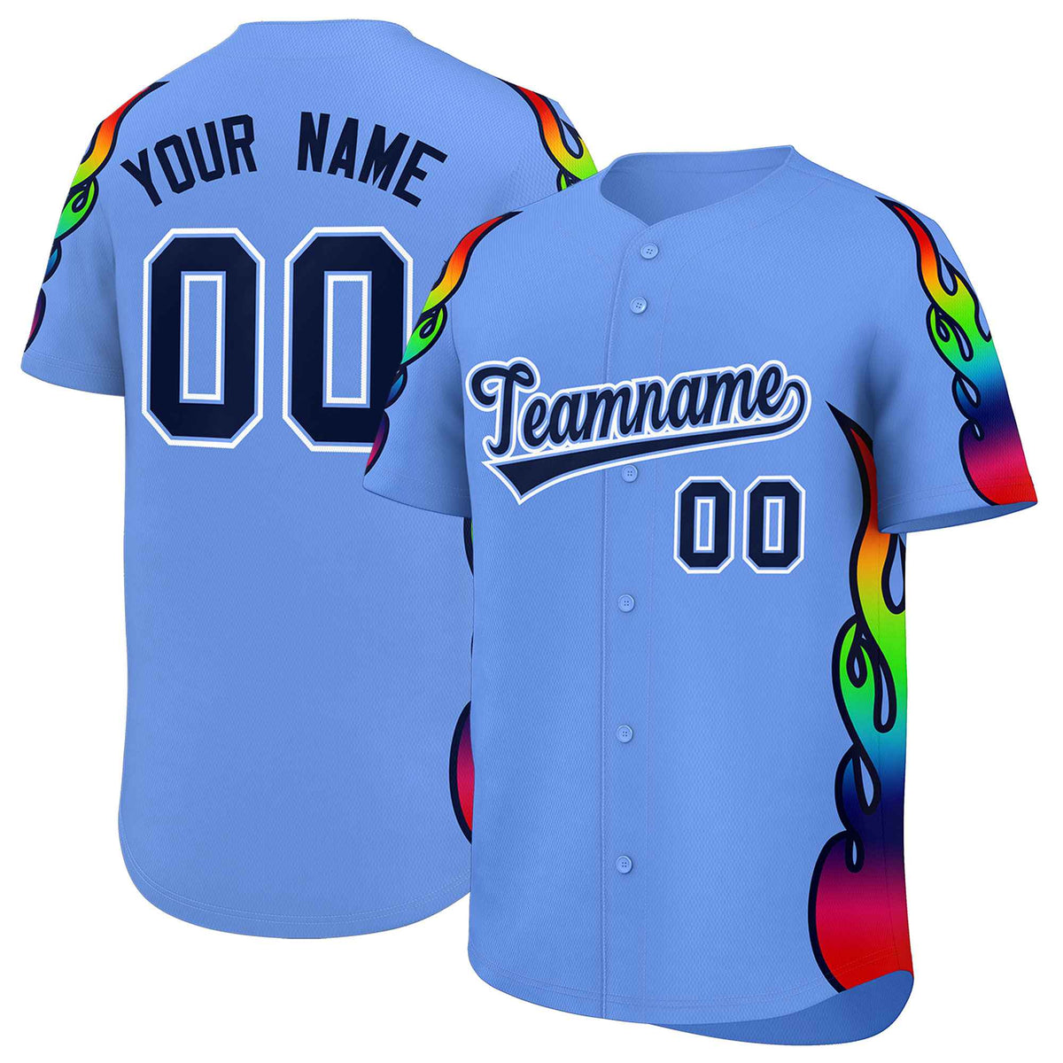Custom Light Blue Graffiti Pattern Personalized Multicolored Flames Print Authentic Baseball Jersey| KXKSHOP