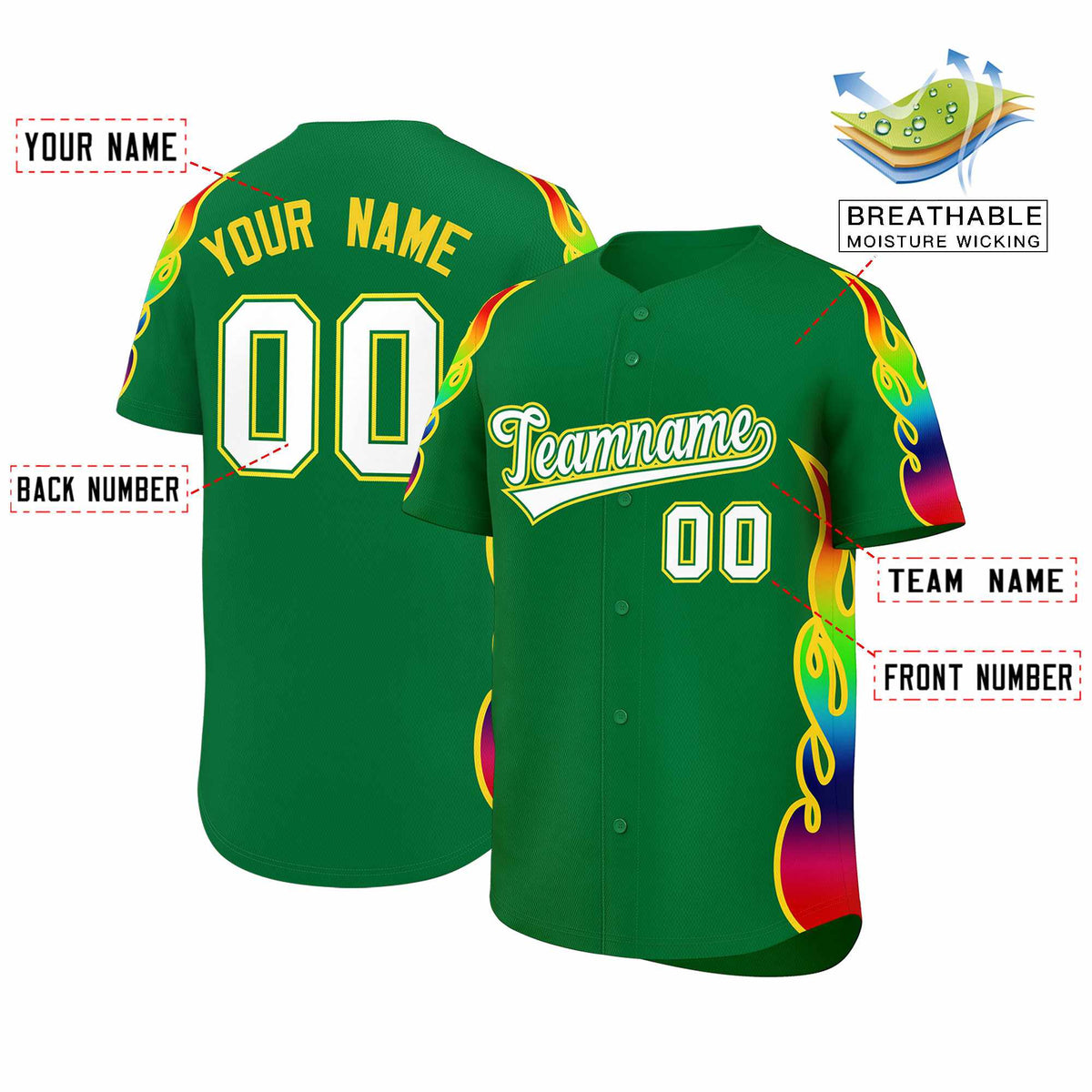 Custom Kelly Green Graffiti Pattern Personalized Multicolored Flames Print Authentic Baseball Jersey| KXKSHOP