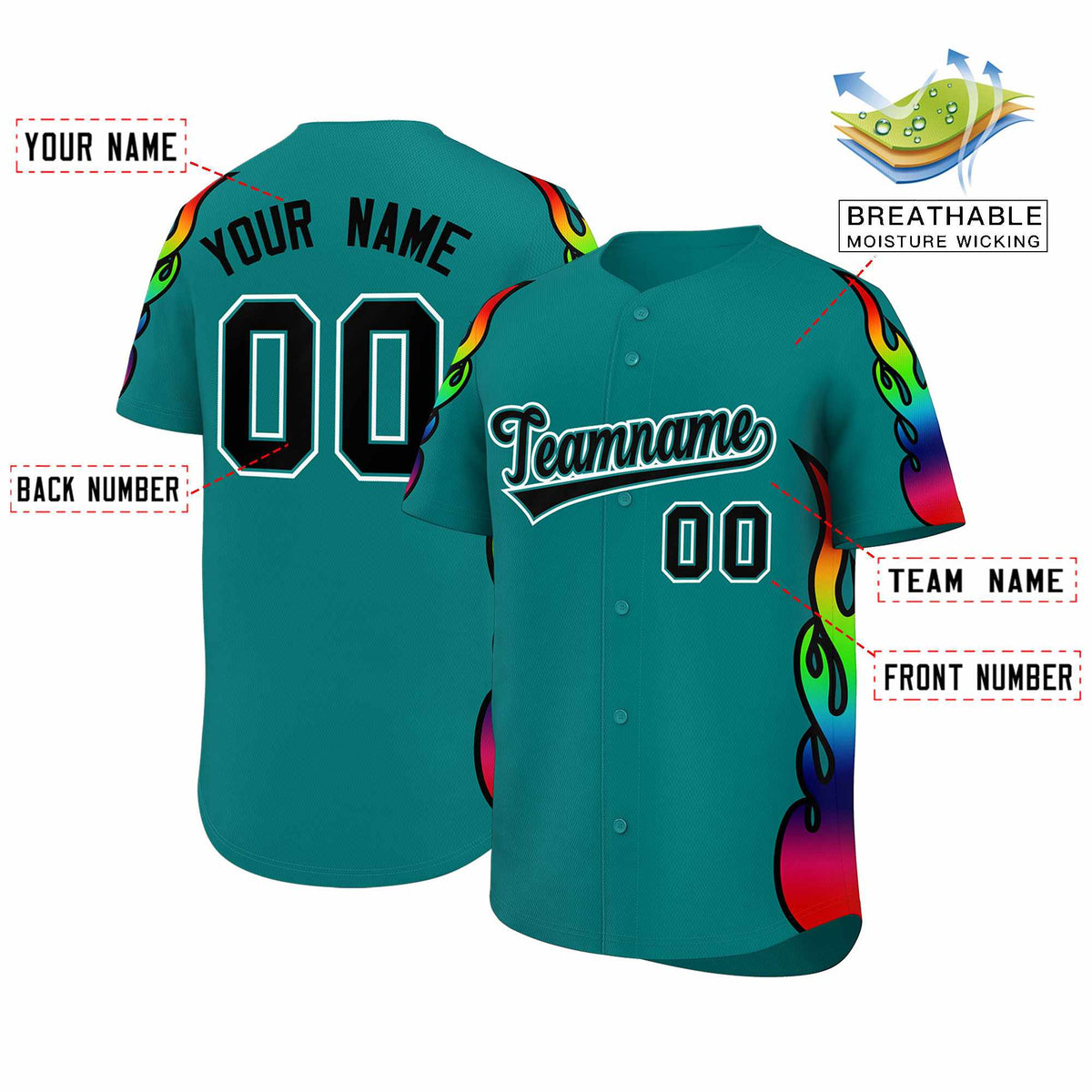Custom Aqua Graffiti Pattern Personalized Multicolored Flames Print Authentic Baseball Jersey| KXKSHOP