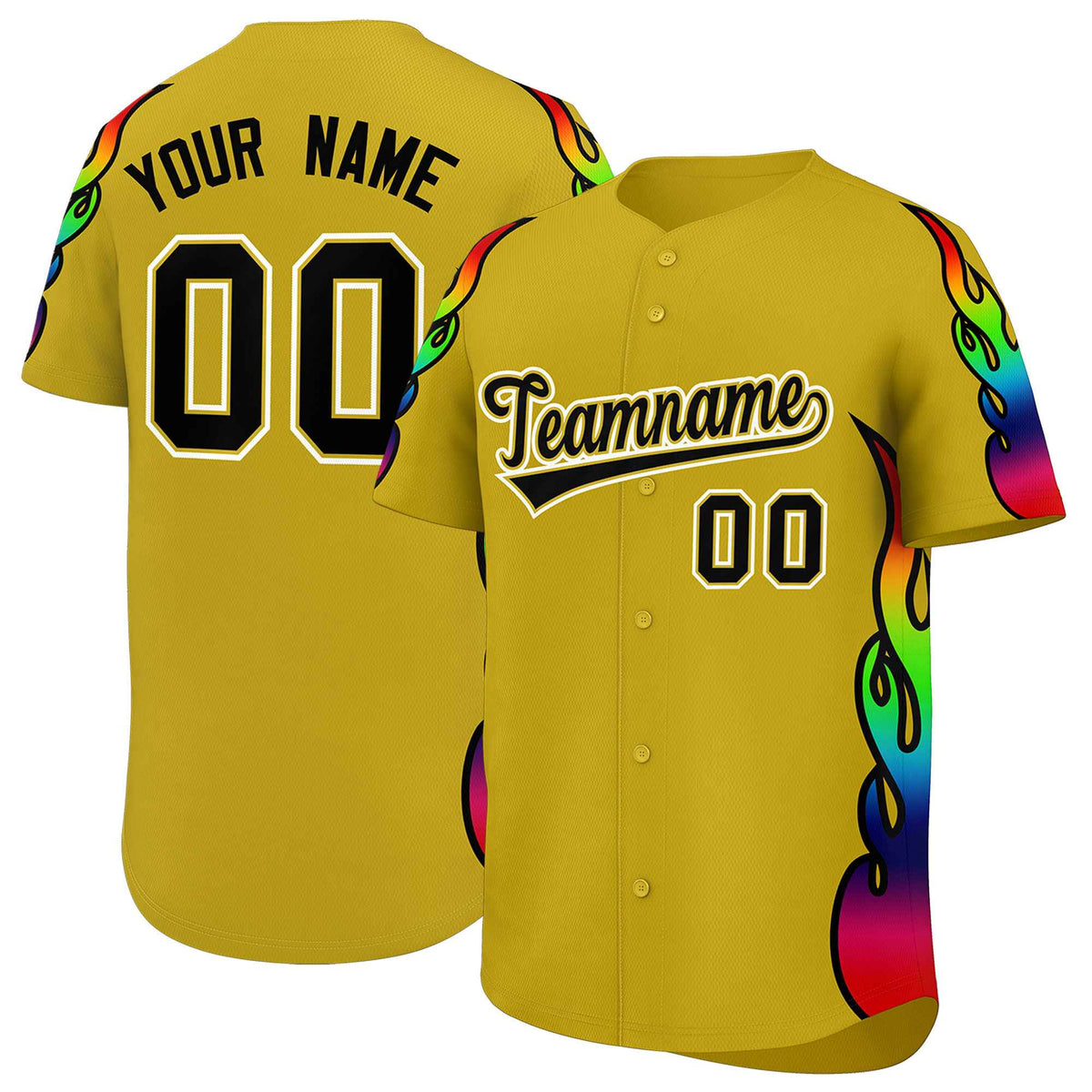 Custom Old Gold Graffiti Pattern Personalized Multicolored Flames Print Authentic Baseball Jersey| KXKSHOP