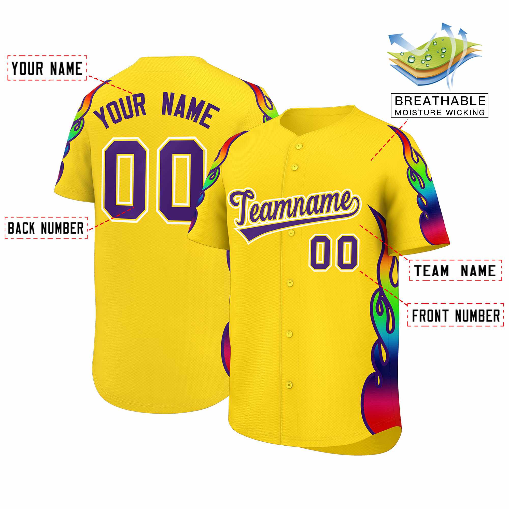 Custom Gold Graffiti Pattern Personalized Multicolored Flames Print Authentic Baseball Jersey| KXKSHOP