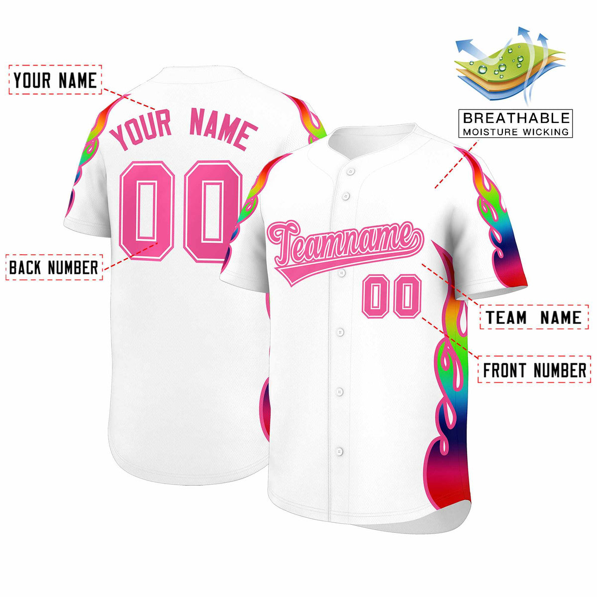 Custom White Graffiti Pattern Personalized Multicolored Flames Print Authentic Baseball Jersey| KXKSHOP
