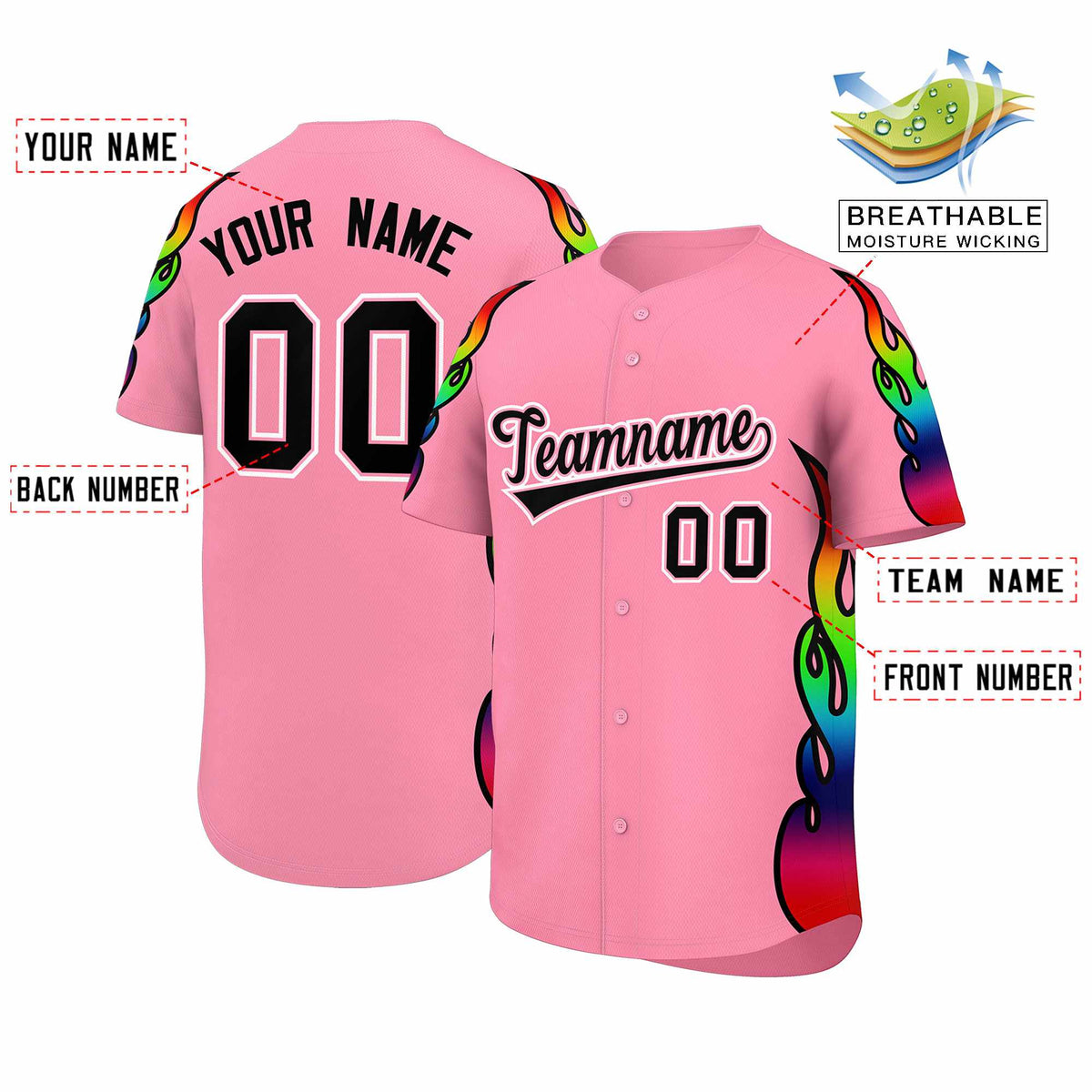 Custom Light Pink Graffiti Pattern Personalized Multicolored Flames Print Authentic Baseball Jersey| KXKSHOP