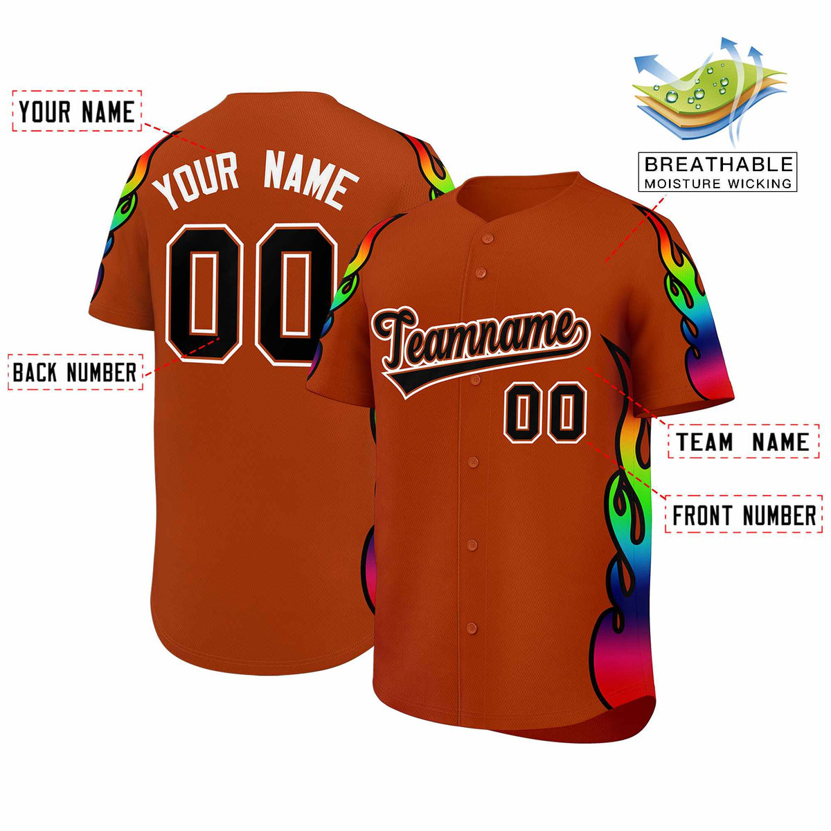 Custom Texas Orange Graffiti Pattern Personalized Multicolored Flames Print Authentic Baseball Jersey| KXKSHOP