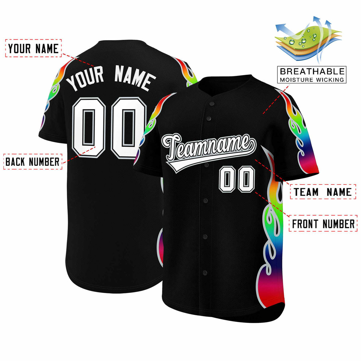 Custom Black Graffiti Pattern Personalized Multicolored Flames Print Authentic Baseball Jersey| KXKSHOP