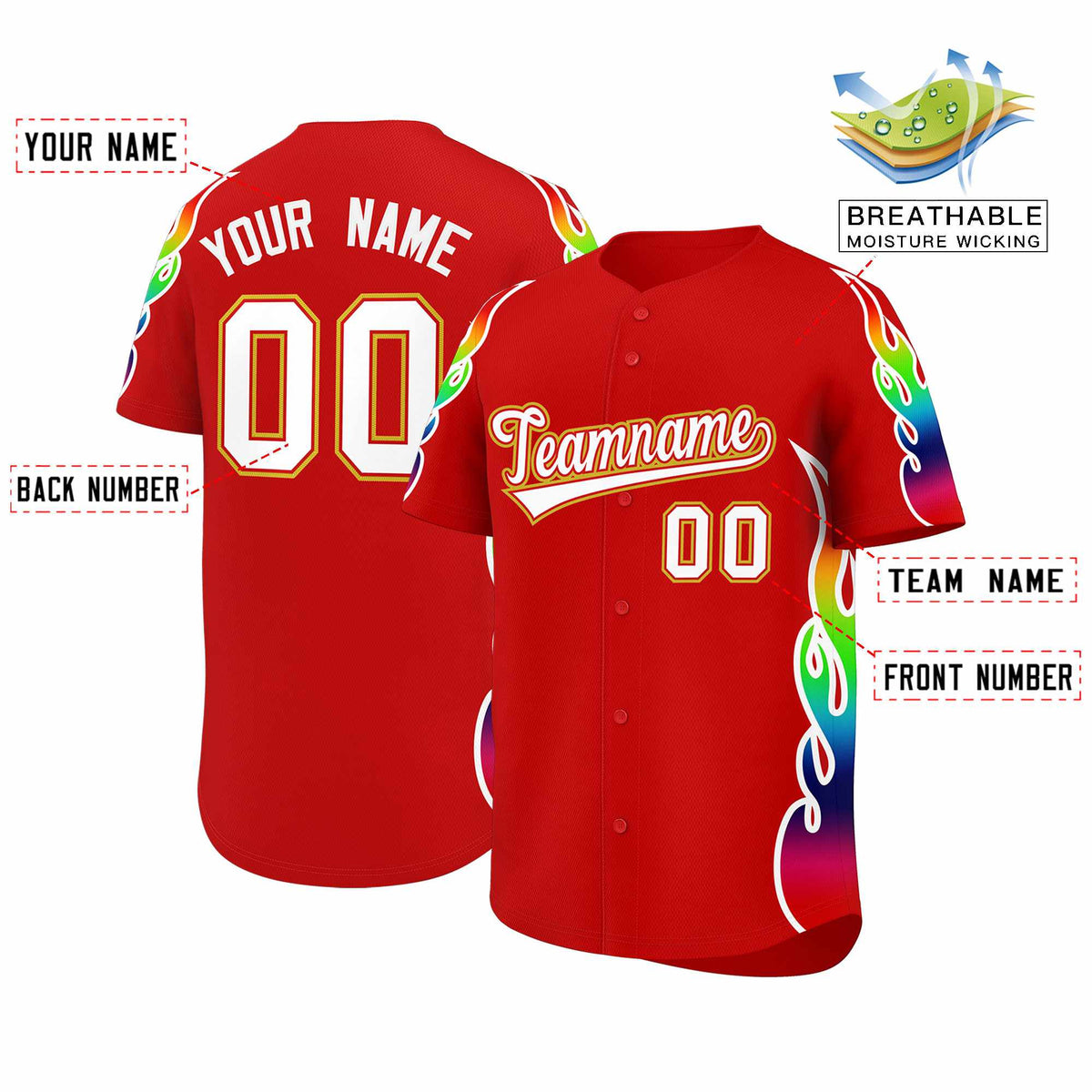 Custom Red Graffiti Pattern Personalized Multicolored Flames Print Authentic Baseball Jersey| KXKSHOP
