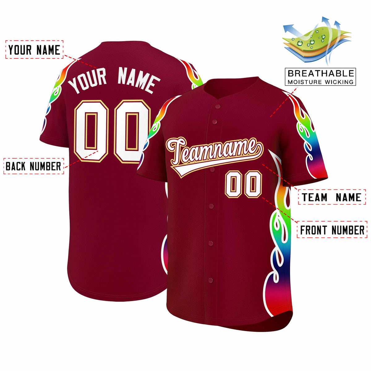 Custom Crimson Graffiti Pattern Personalized Multicolored Flames Print Authentic Baseball Jersey| KXKSHOP