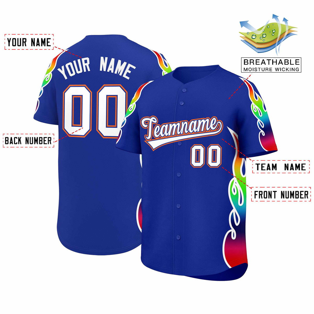 Custom Royal Graffiti Pattern Personalized Multicolored Flames Print Authentic Baseball Jersey| KXKSHOP