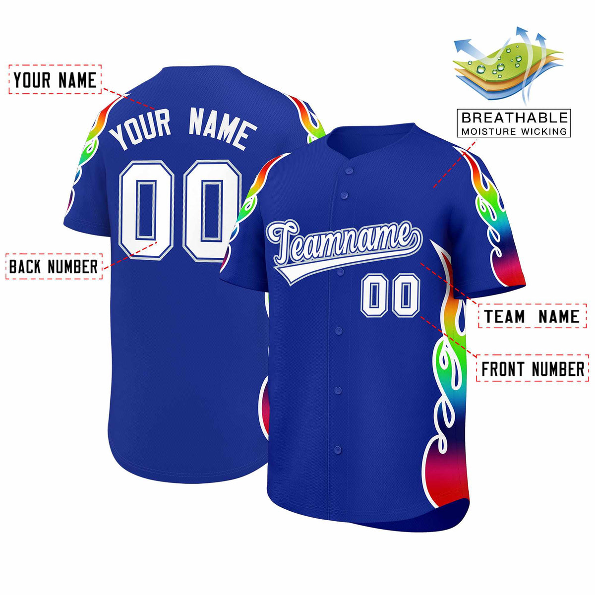 Custom Royal Graffiti Pattern Personalized Multicolored Flames Print Authentic Baseball Jersey| KXKSHOP