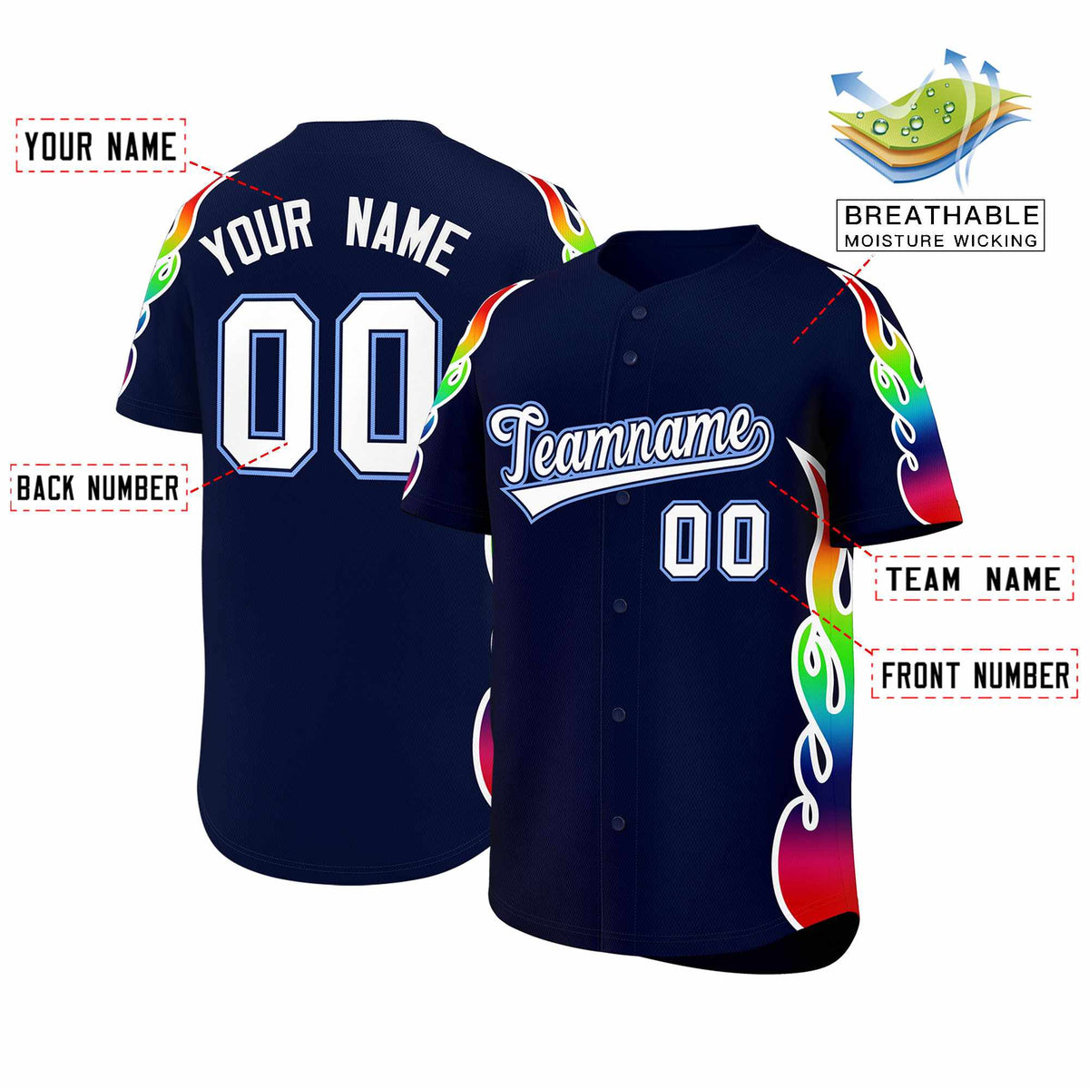 Custom Navy Graffiti Pattern Personalized Multicolored Flames Print Authentic Baseball Jersey| KXKSHOP