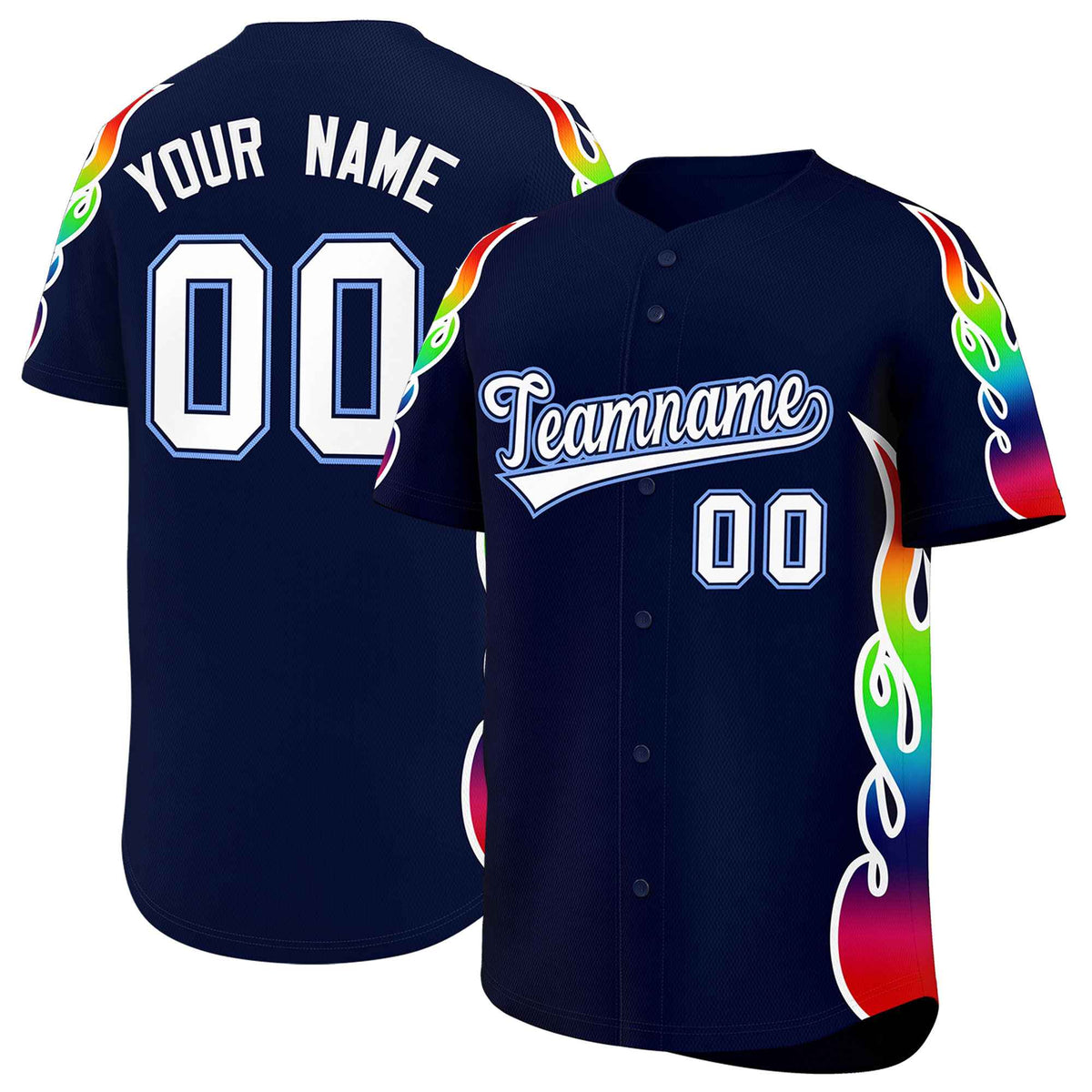 Custom Navy Graffiti Pattern Personalized Multicolored Flames Print Authentic Baseball Jersey| KXKSHOP