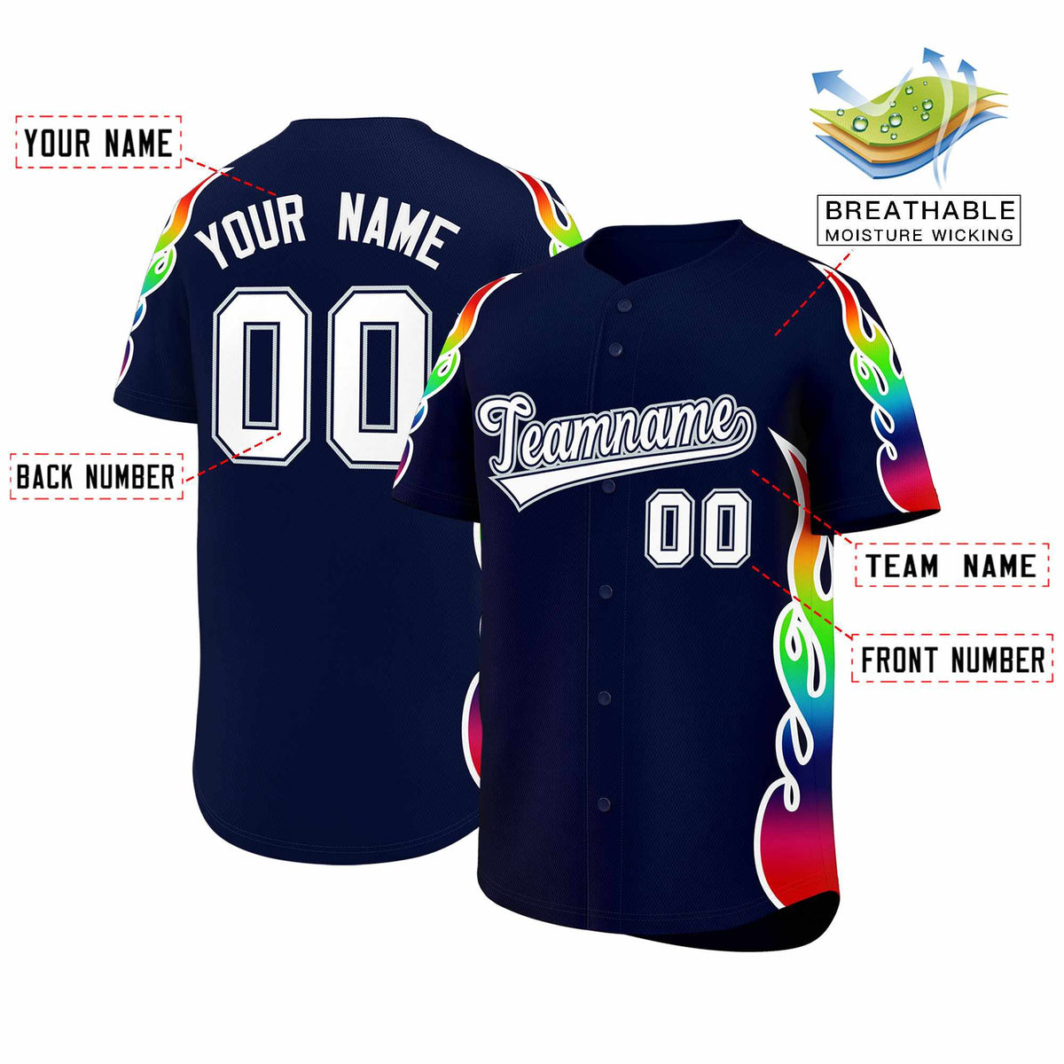 Custom Navy Graffiti Pattern Personalized Multicolored Flames Print Authentic Baseball Jersey| KXKSHOP