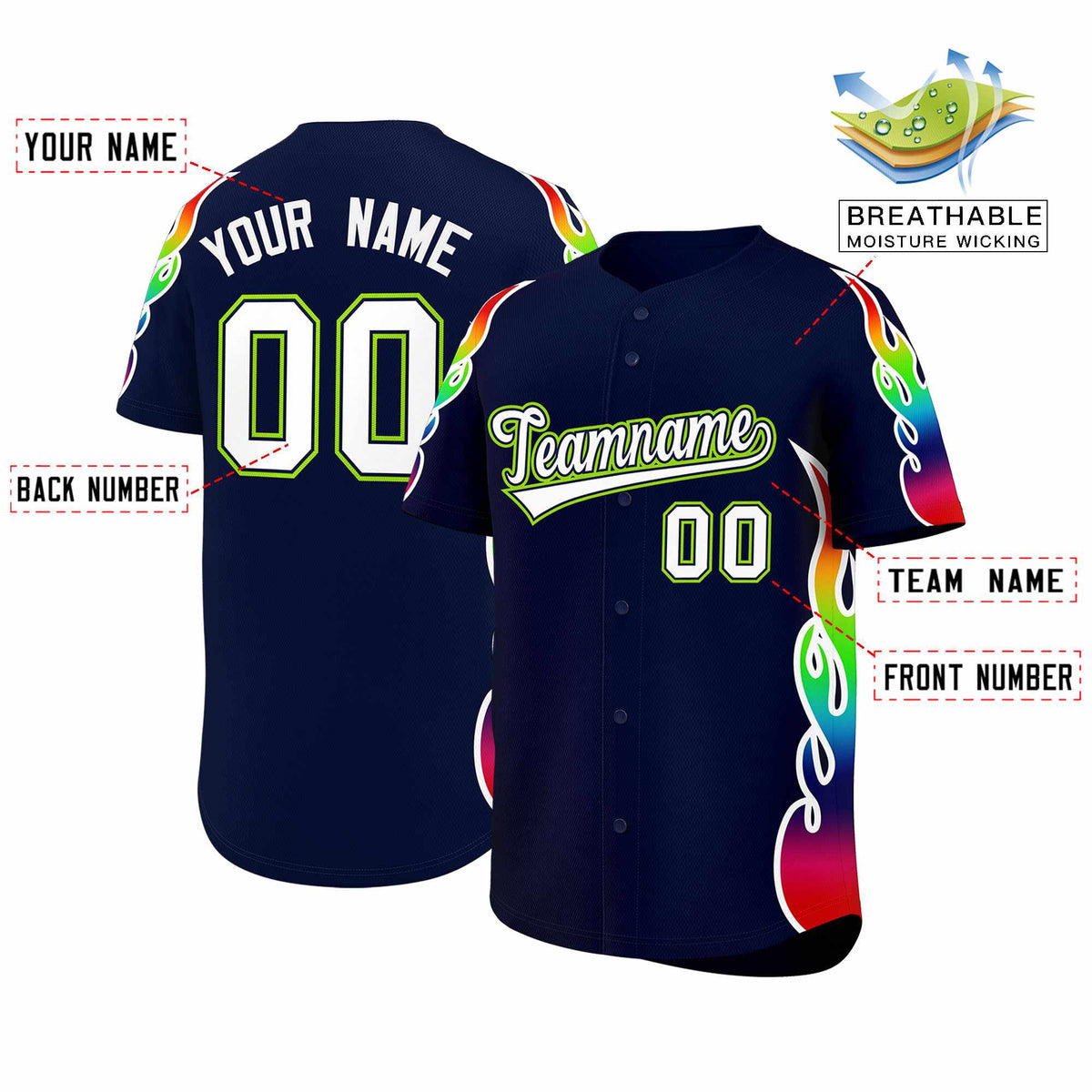 Custom Navy Graffiti Pattern Personalized Multicolored Flames Print Authentic Baseball Jersey| KXKSHOP
