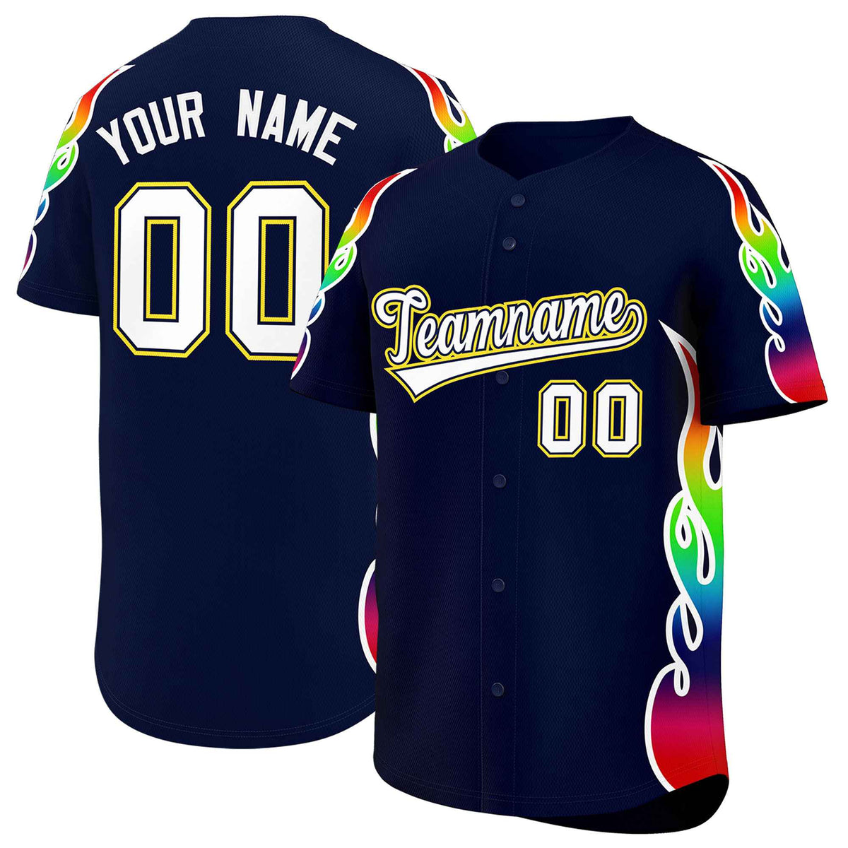 Custom Navy Graffiti Pattern Personalized Multicolored Flames Print Authentic Baseball Jersey| KXKSHOP