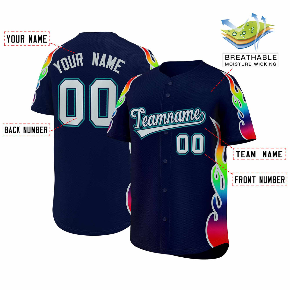 Custom Navy Graffiti Pattern Personalized Multicolored Flames Print Authentic Baseball Jersey| KXKSHOP