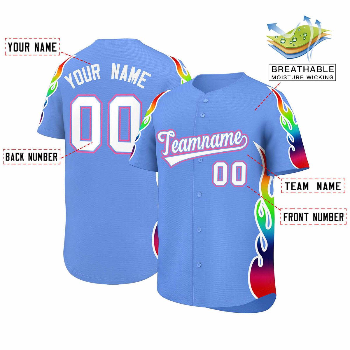 Custom Light Blue Graffiti Pattern Personalized Multicolored Flames Print Authentic Baseball Jersey| KXKSHOP