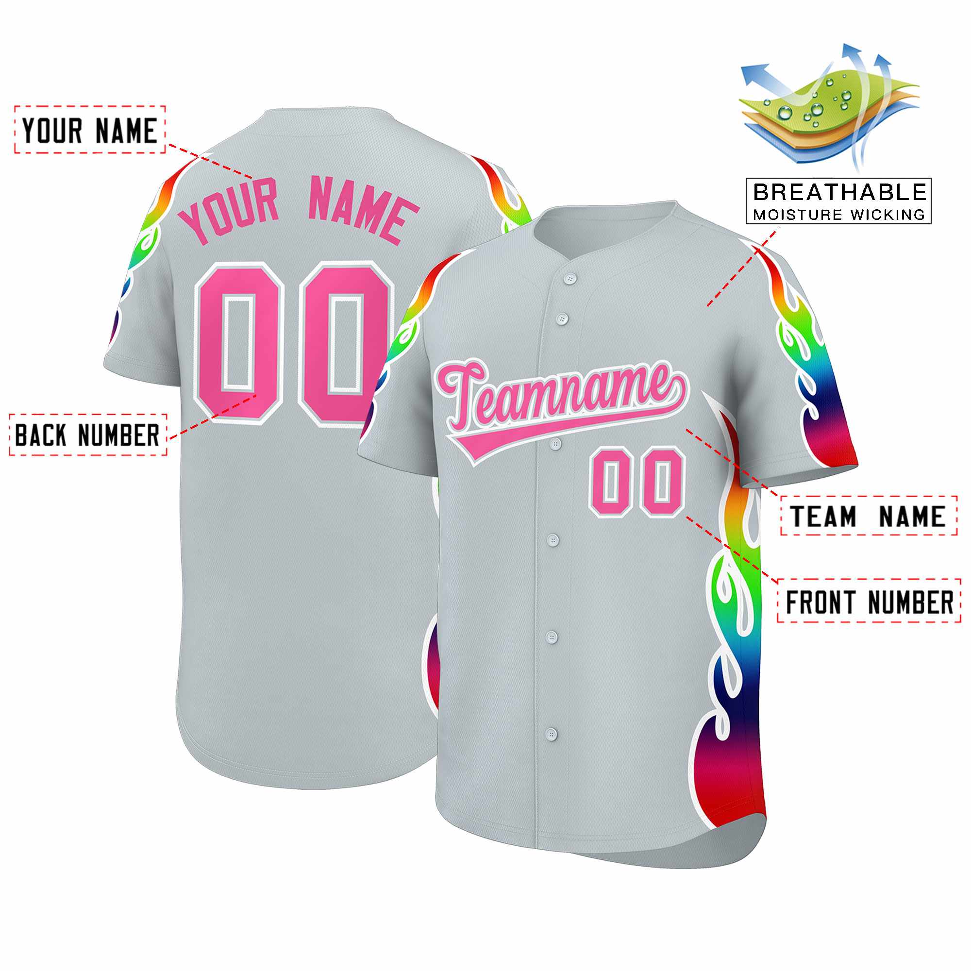 Custom Silver Graffiti Pattern Personalized Multicolored Flames Print Authentic Baseball Jersey| KXKSHOP