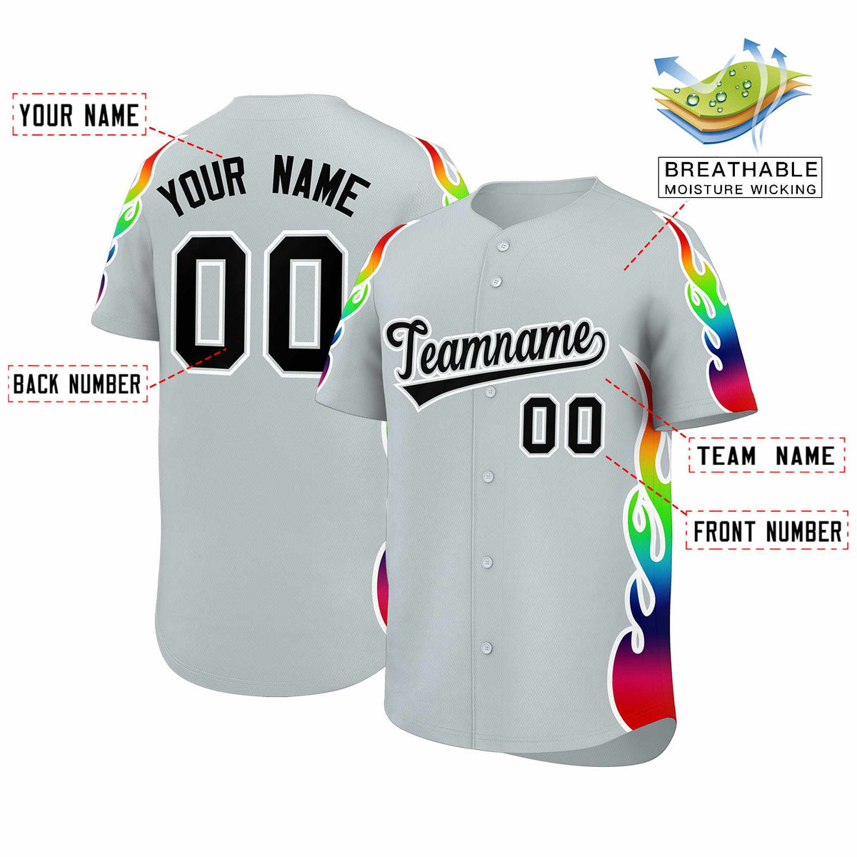 Custom Silver Graffiti Pattern Personalized Multicolored Flames Print Authentic Baseball Jersey| KXKSHOP
